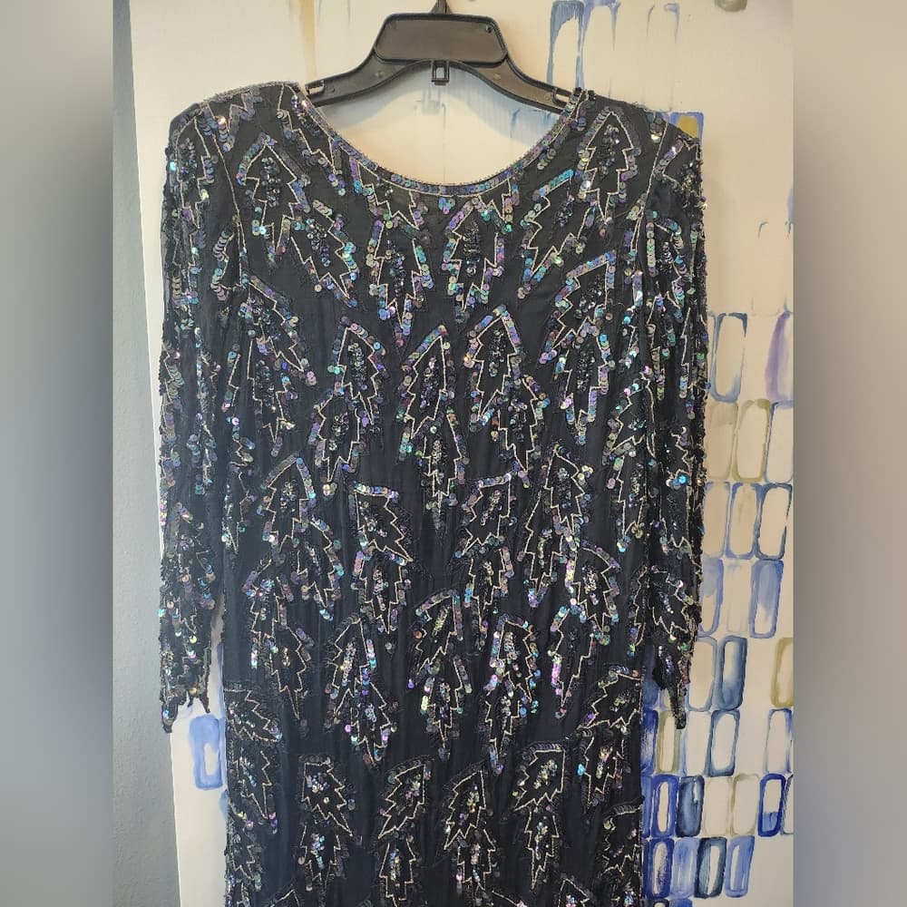 Vintage Scala Black Oil Slick 20s Style Sequin And Beaded Coctail Formal Dress - Thumbnail 5