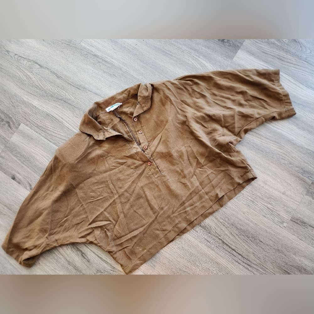 Vintage 1980s Brown Casual Batwing Shirt With Buttons And Shoulder Pads - Thumbnail 10