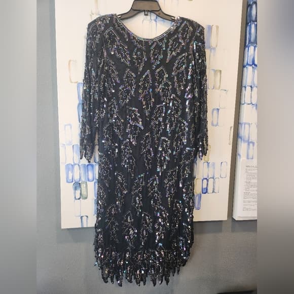 Vintage Scala Black Oil Slick 20s Style Sequin And Beaded Coctail Formal Dress - Thumbnail 10