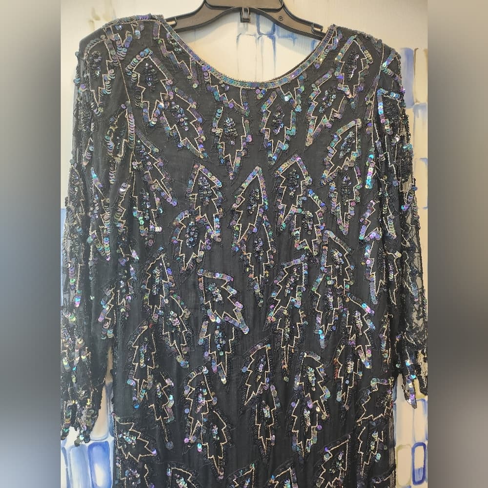 Vintage Scala Black Oil Slick 20s Style Sequin And Beaded Coctail Formal Dress - Thumbnail 3