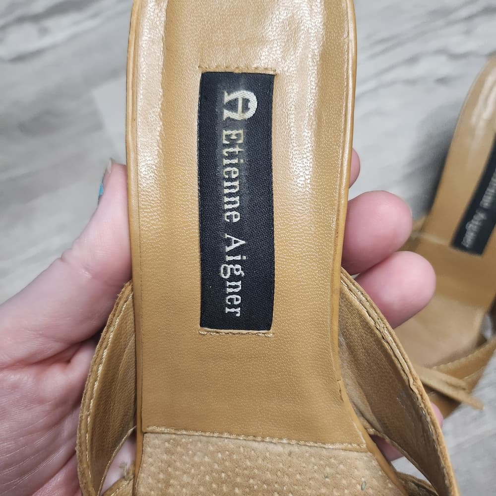 Etienne Aigner Y2K Tan Leather Lace-Up Pointed Toe Mules Vodka Heels - Thumbnail 3