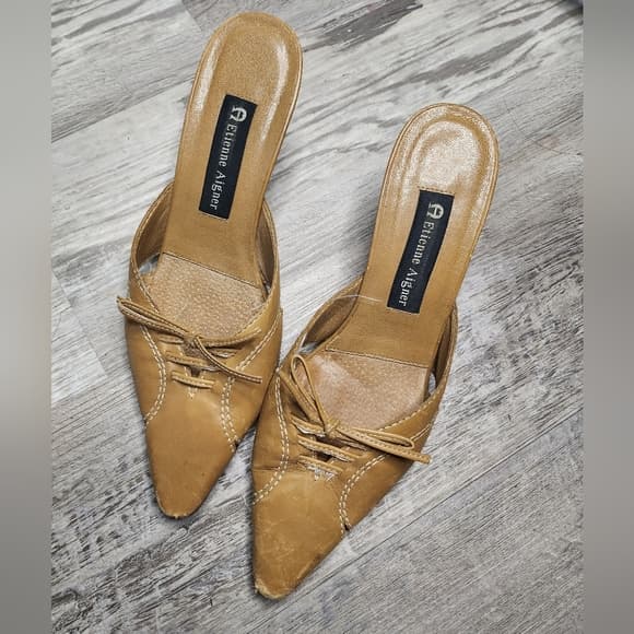 Etienne Aigner Y2K Tan Leather Lace-Up Pointed Toe Mules Vodka Heels - Thumbnail 13