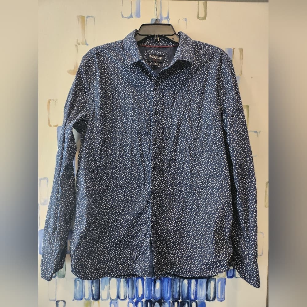 Mens Navy Blue Floral And Polk A Dot Stretch Long Sleeve Button-Up Shirt - Thumbnail 10