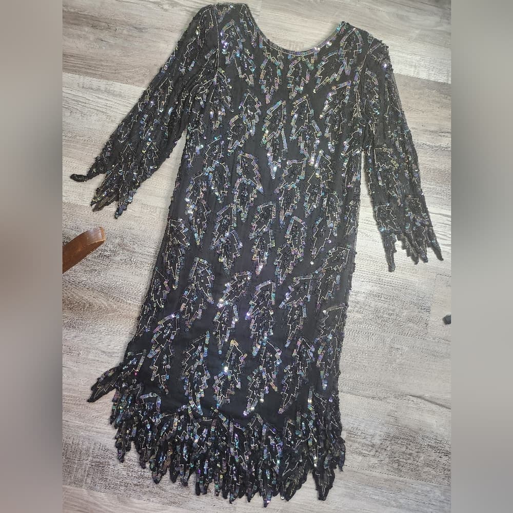 Vintage Scala Black Oil Slick 20s Style Sequin And Beaded Coctail Formal Dress - Thumbnail 7