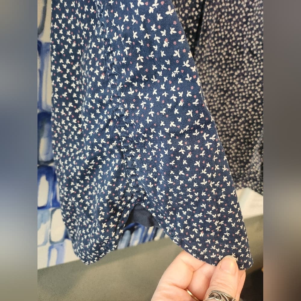 Mens Navy Blue Floral And Polk A Dot Stretch Long Sleeve Button-Up Shirt - Thumbnail 3