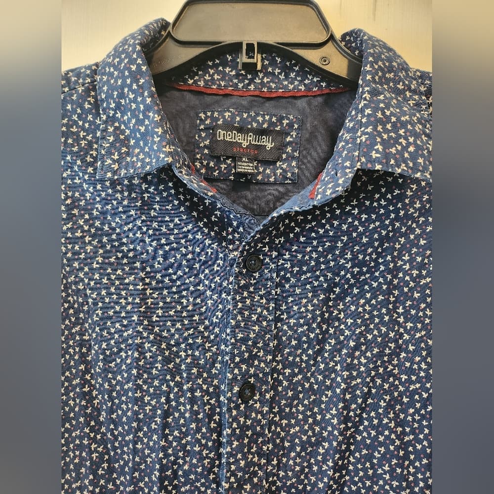 Mens Navy Blue Floral And Polk A Dot Stretch Long Sleeve Button-Up Shirt - Thumbnail 2