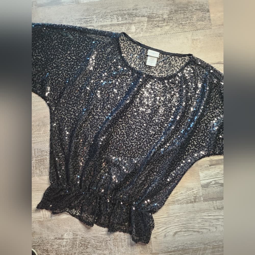 Jaclyn Smith Black Elegant Sheer Sequin Peplum Top Short Sleeve