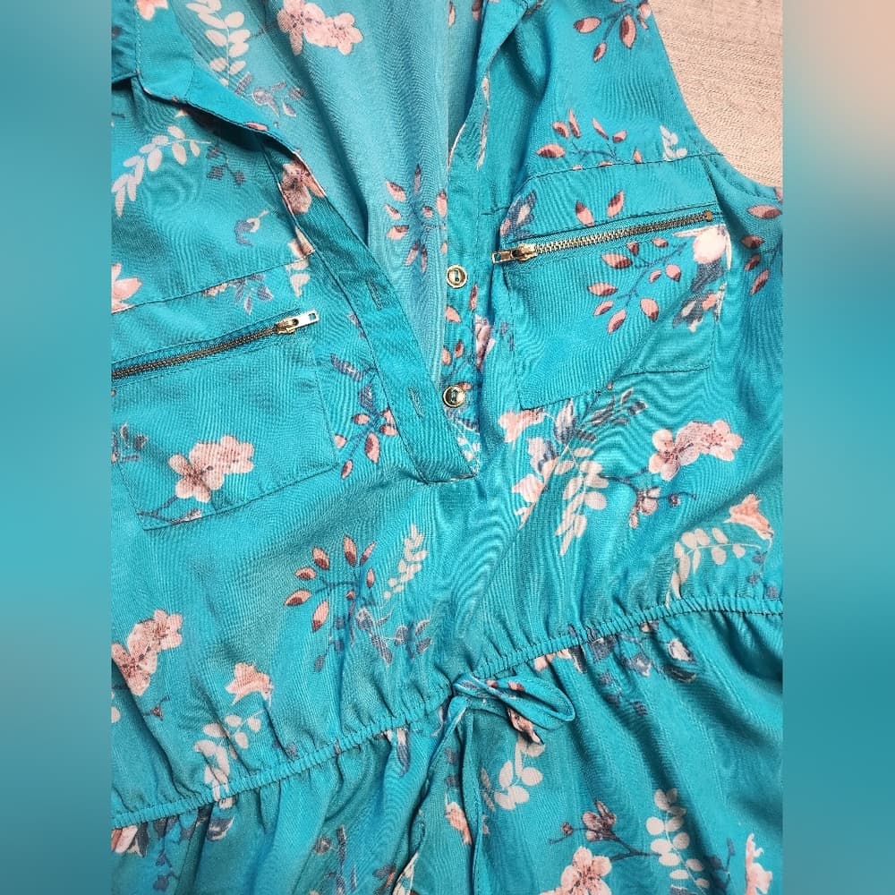 Justify Teal And Pink Floral Summer Dress With Zipper Pockets - Thumbnail 4