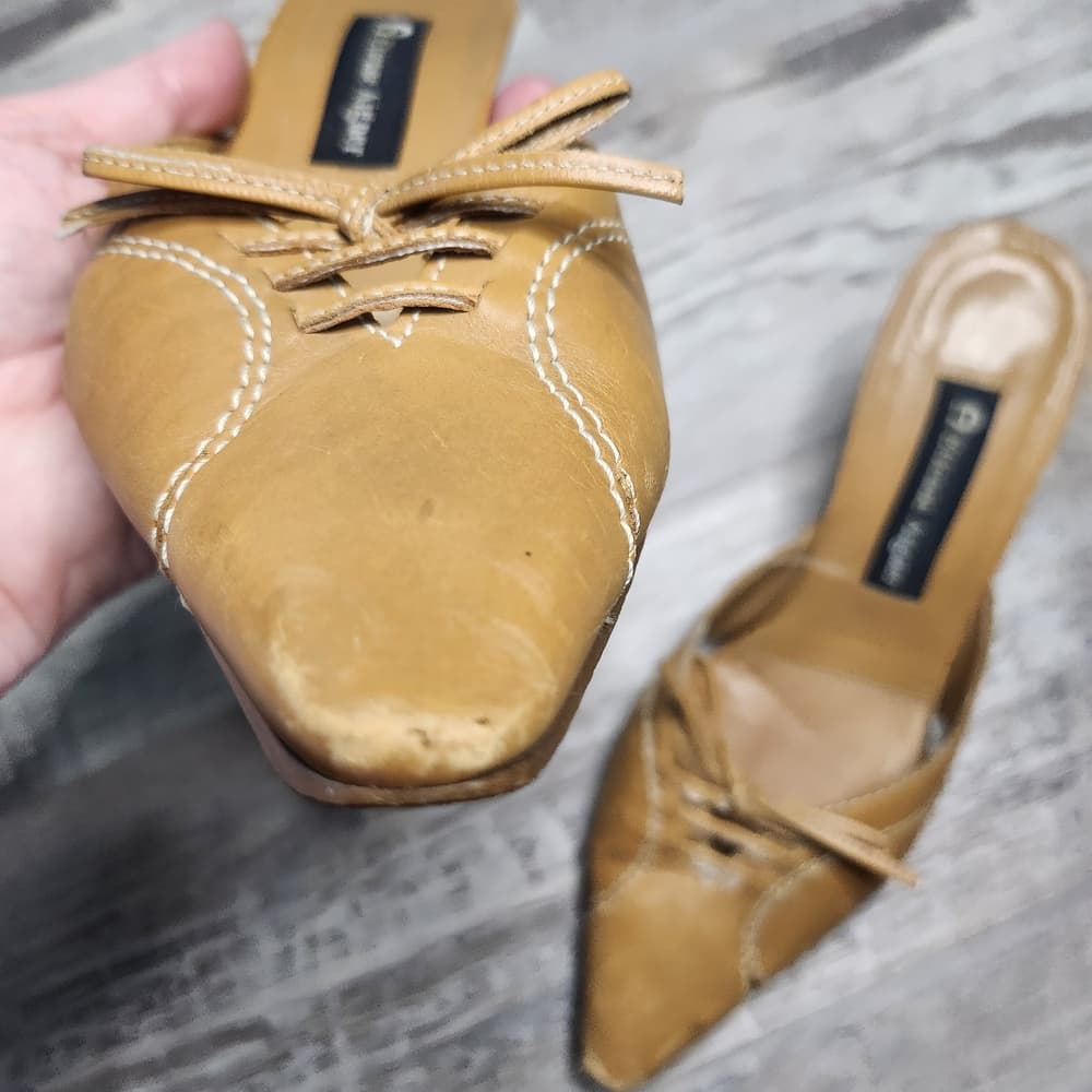 Etienne Aigner Y2K Tan Leather Lace-Up Pointed Toe Mules Vodka Heels - Thumbnail 5