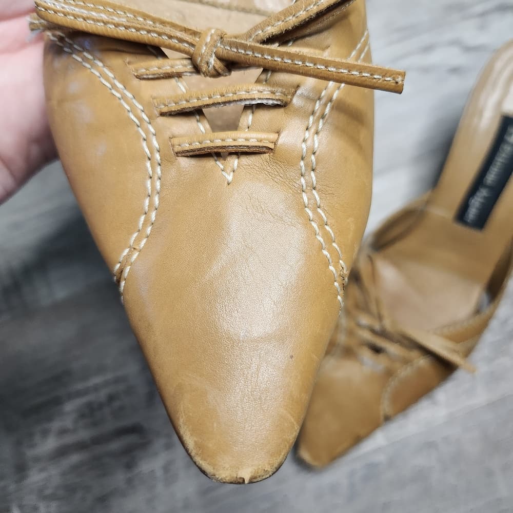 Etienne Aigner Y2K Tan Leather Lace-Up Pointed Toe Mules Vodka Heels - Thumbnail 4