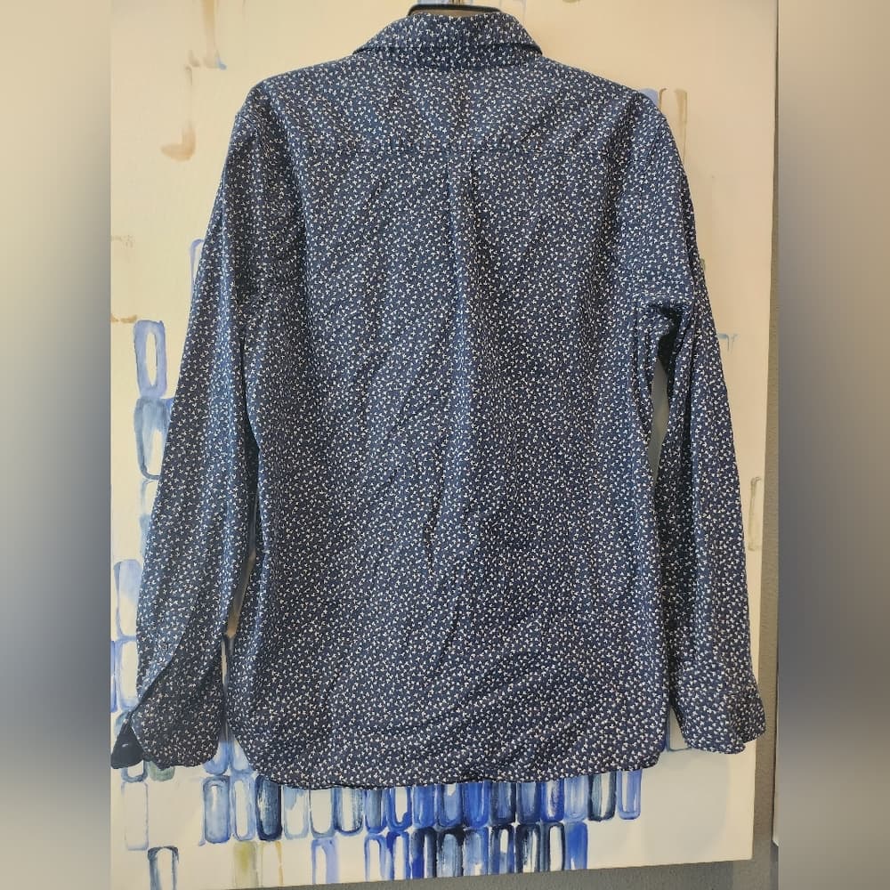 Mens Navy Blue Floral And Polk A Dot Stretch Long Sleeve Button-Up Shirt - Thumbnail 6