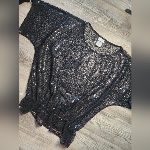 Jaclyn Smith Black Elegant Sheer Sequin Peplum Top Short Sleeve - Thumbnail 9