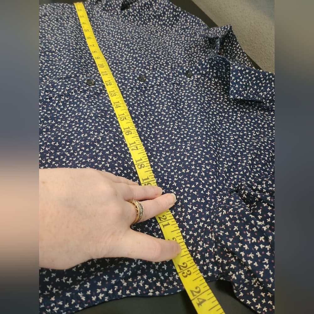 Mens Navy Blue Floral And Polk A Dot Stretch Long Sleeve Button-Up Shirt - Thumbnail 7
