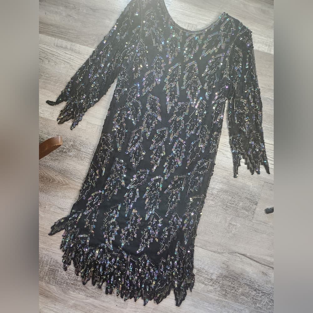 Vintage Scala Black Oil Slick 20s Style Sequin And Beaded Coctail Formal Dress - Thumbnail 8