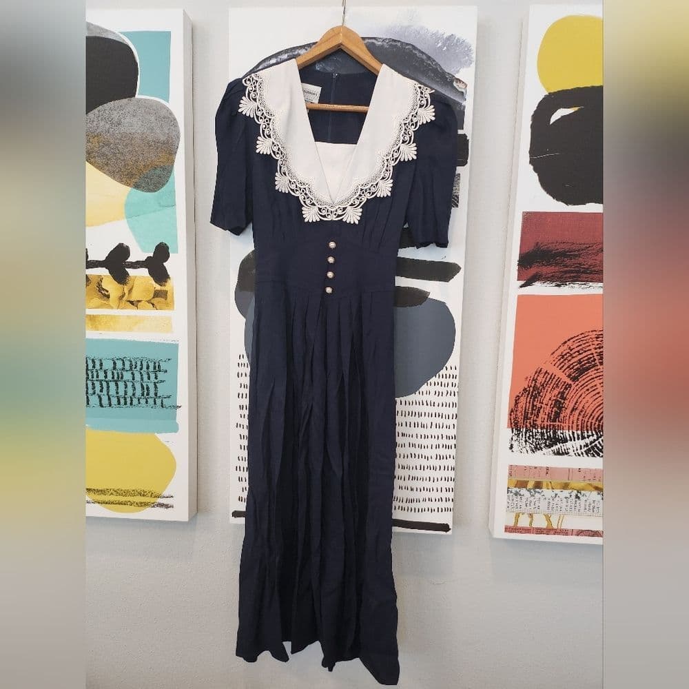 Vintage 1980 S.L. Fashions Blue Maxi Dress with Elegant Lace Detail - Thumbnail 14
