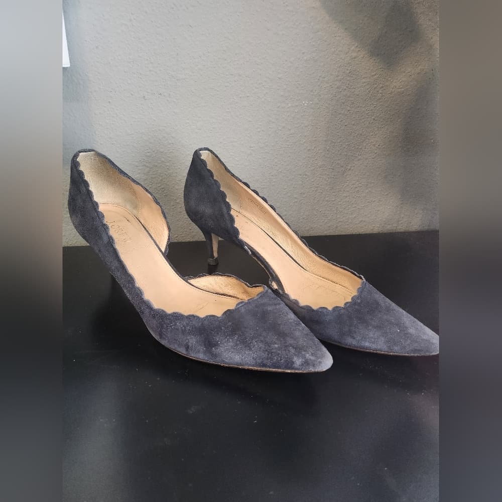 J. Crew Scalloped Edge Navy Blue Suede Pumps Made In Italy - Thumbnail 12