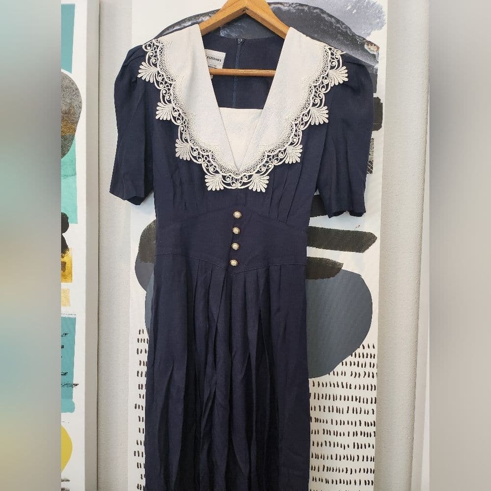 Vintage 1980 S.L. Fashions Blue Maxi Dress with Elegant Lace Detail