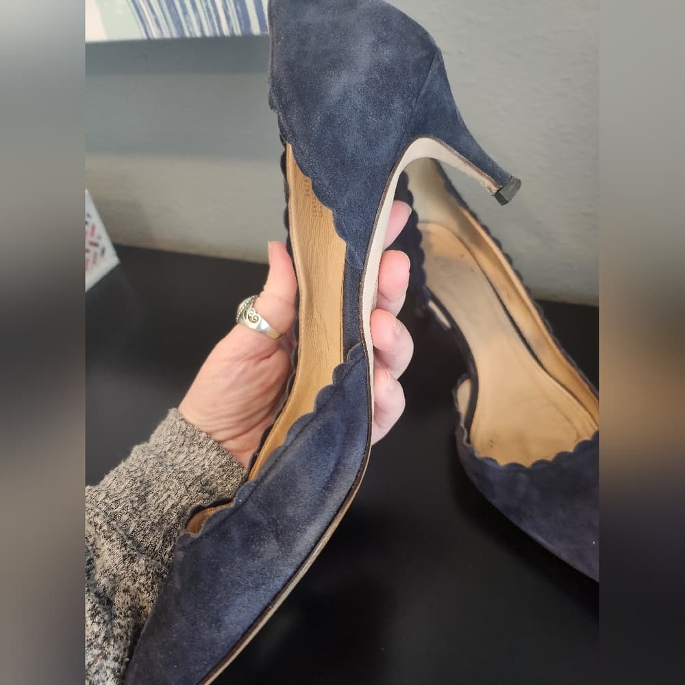 J. Crew Scalloped Edge Navy Blue Suede Pumps Made In Italy - Thumbnail 6