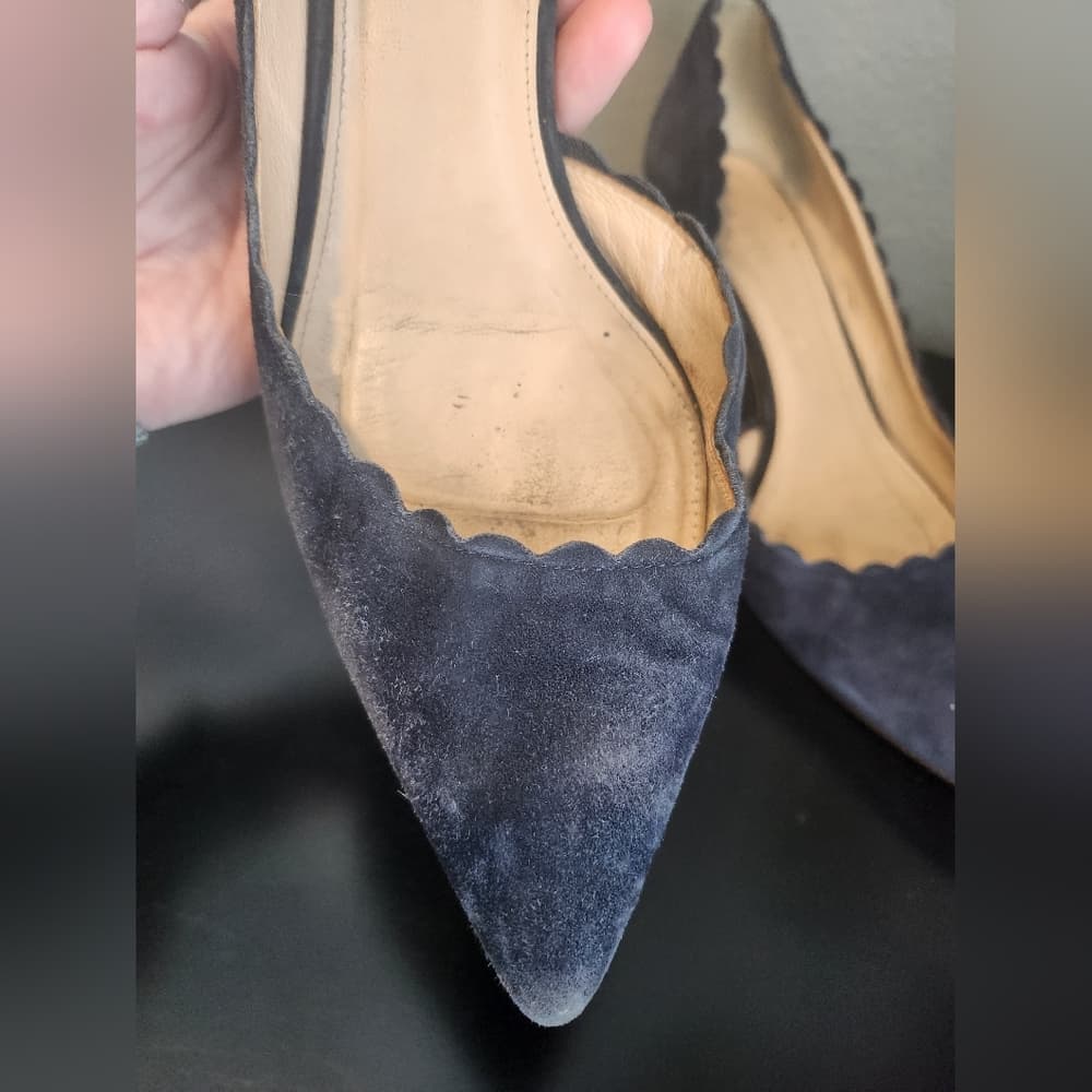 J. Crew Scalloped Edge Navy Blue Suede Pumps Made In Italy - Thumbnail 4