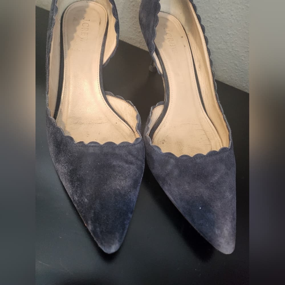 J. Crew Scalloped Edge Navy Blue Suede Pumps Made In Italy - Thumbnail 3