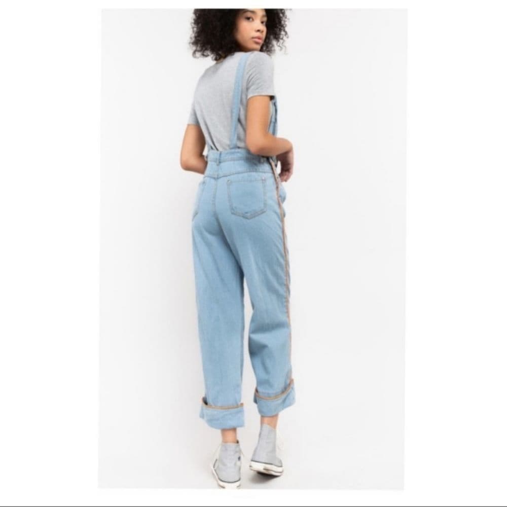 POL Light Denim Orange Trimmed Open Back Boyfriend Fit Overalls - Thumbnail 16