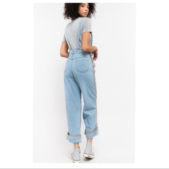 POL Light Denim Orange Trimmed Open Back Boyfriend Fit Overalls - Thumbnail 17