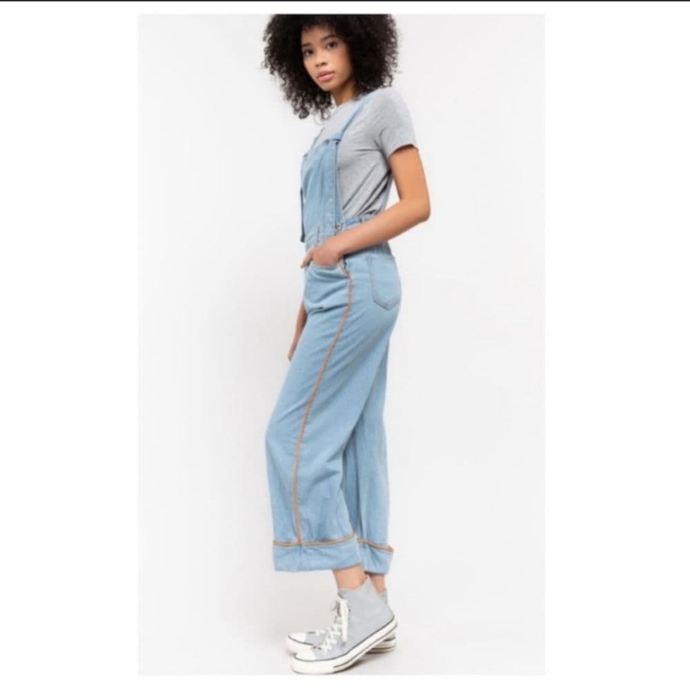 POL Light Denim Orange Trimmed Open Back Boyfriend Fit Overalls - Thumbnail 4