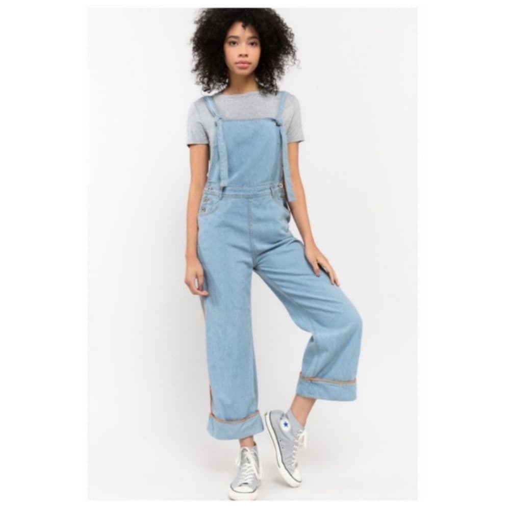 POL Light Denim Orange Trimmed Open Back Boyfriend Fit Overalls - Thumbnail 2
