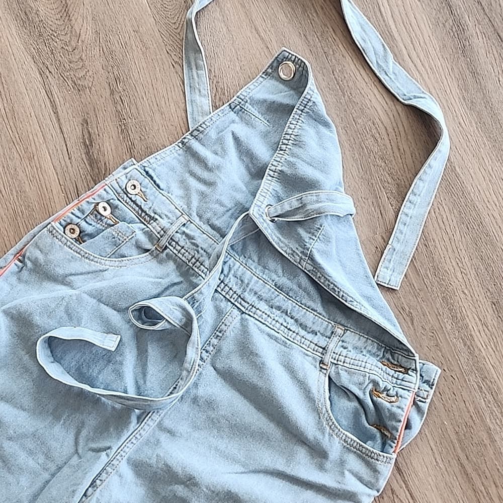 POL Light Denim Orange Trimmed Open Back Boyfriend Fit Overalls - Thumbnail 15