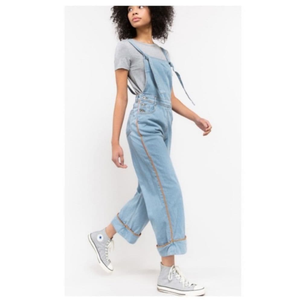 POL Light Denim Orange Trimmed Open Back Boyfriend Fit Overalls - Thumbnail 3