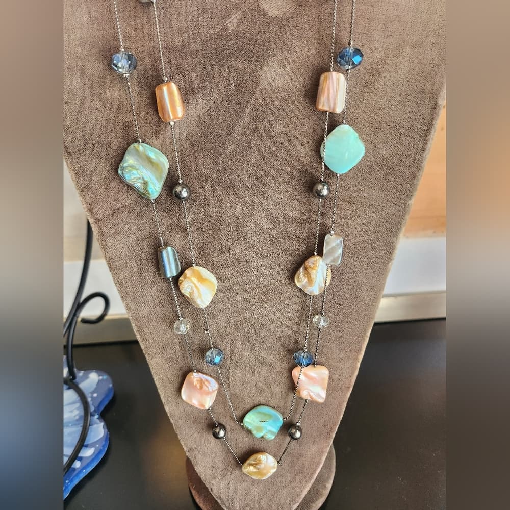 Blue and Green Bohemian Double Layer Shell And Glass Beaded Necklace