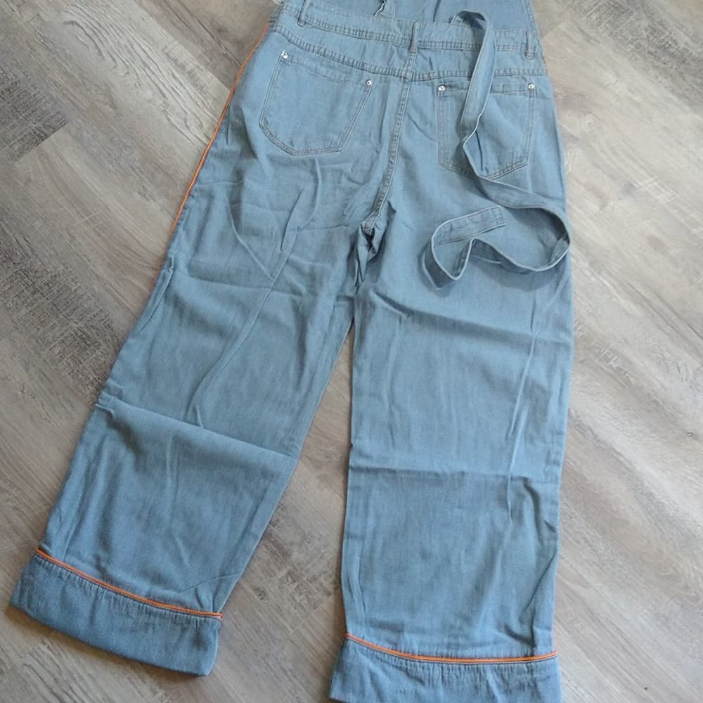 POL Light Denim Orange Trimmed Open Back Boyfriend Fit Overalls - Thumbnail 12