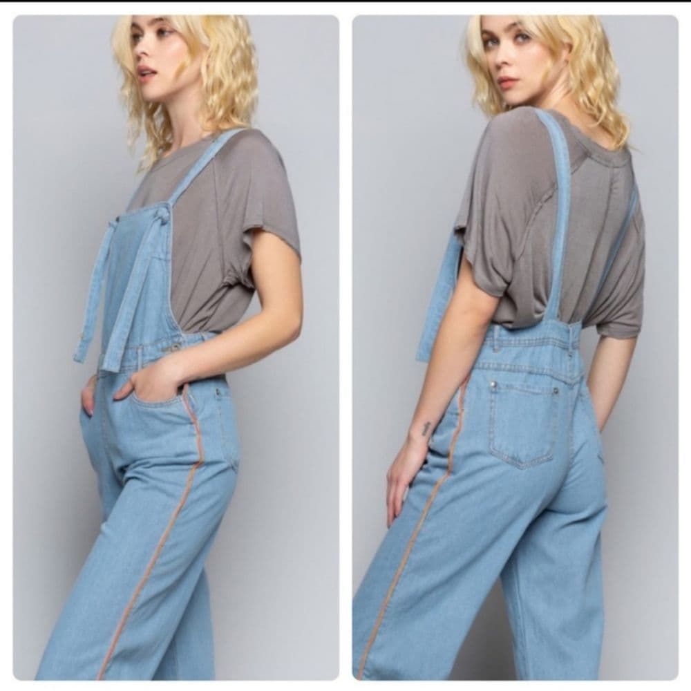 POL Light Denim Orange Trimmed Open Back Boyfriend Fit Overalls - Thumbnail 5