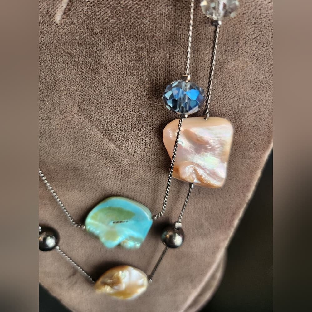 Blue and Green Bohemian Double Layer Shell And Glass Beaded Necklace - Thumbnail 2