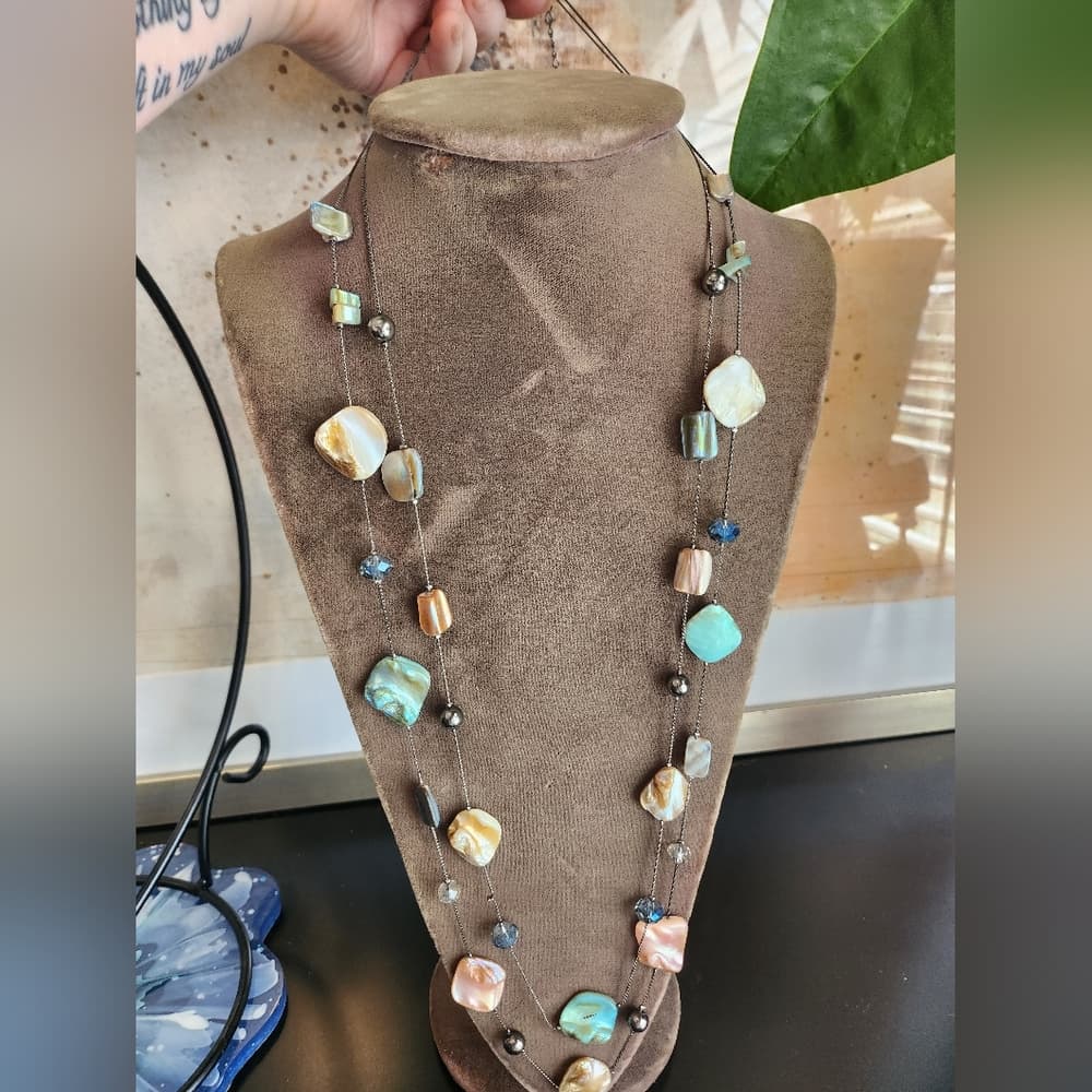 Blue and Green Bohemian Double Layer Shell And Glass Beaded Necklace - Thumbnail 3