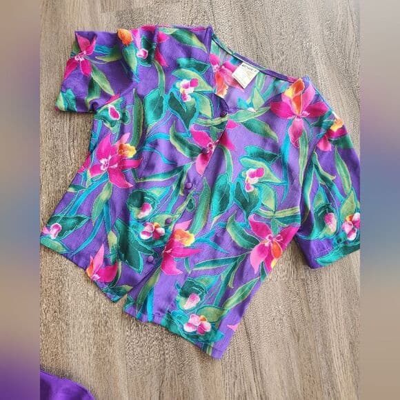 Vintage Koret Bright Purple Floral Blouse Cropped With Shoulder Pads Tie Back - Thumbnail 7