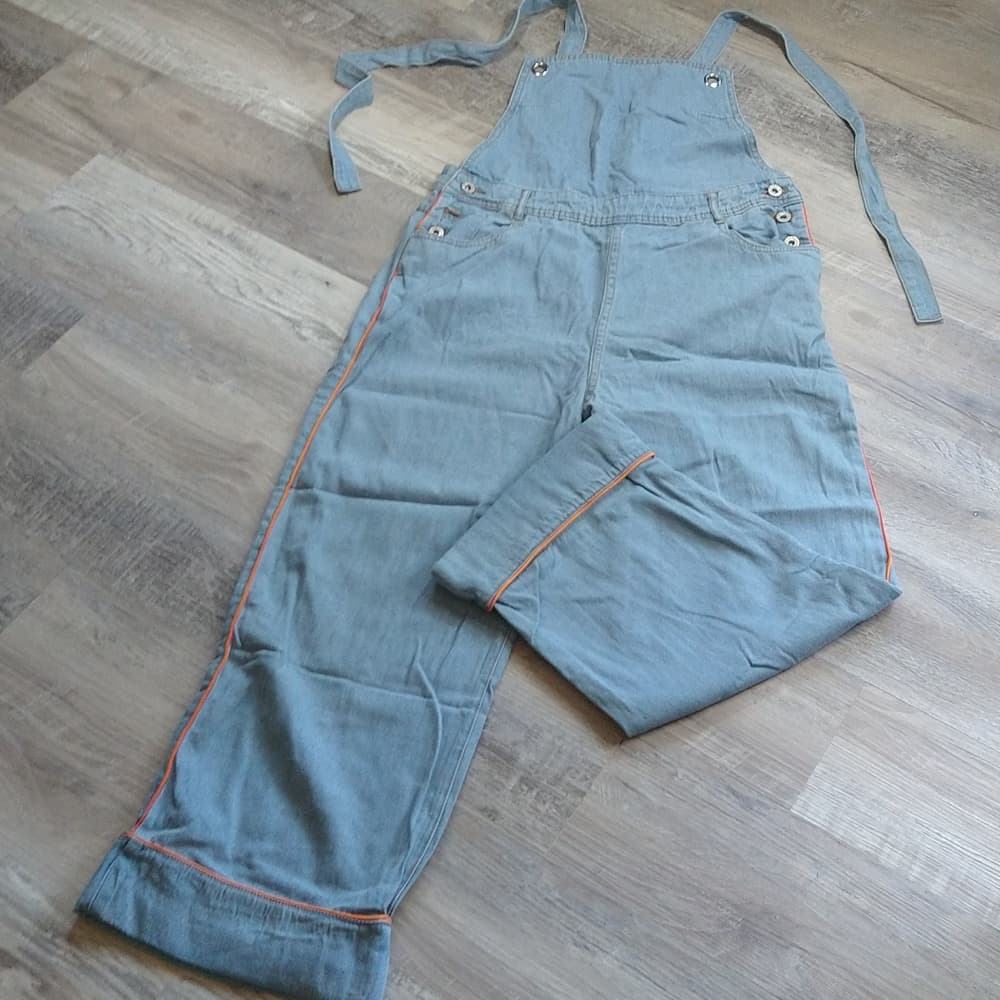 POL Light Denim Orange Trimmed Open Back Boyfriend Fit Overalls - Thumbnail 6