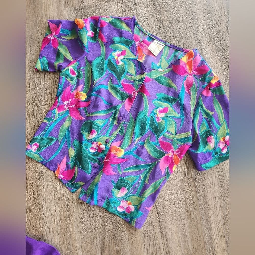 Vintage Koret Bright Purple Floral Blouse Cropped With Shoulder Pads Tie Back - Thumbnail 6