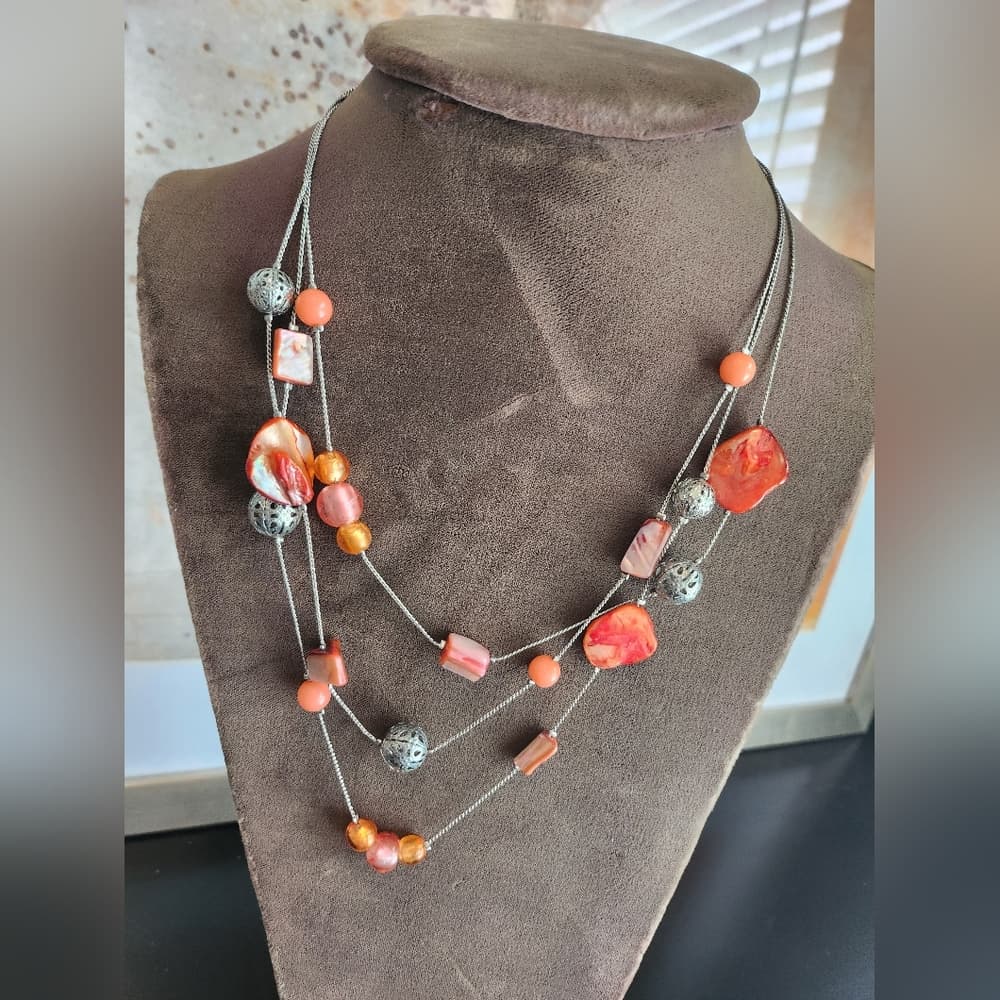 Multi-Strand Silver Necklace with Orange and Pink Accents - Thumbnail 3