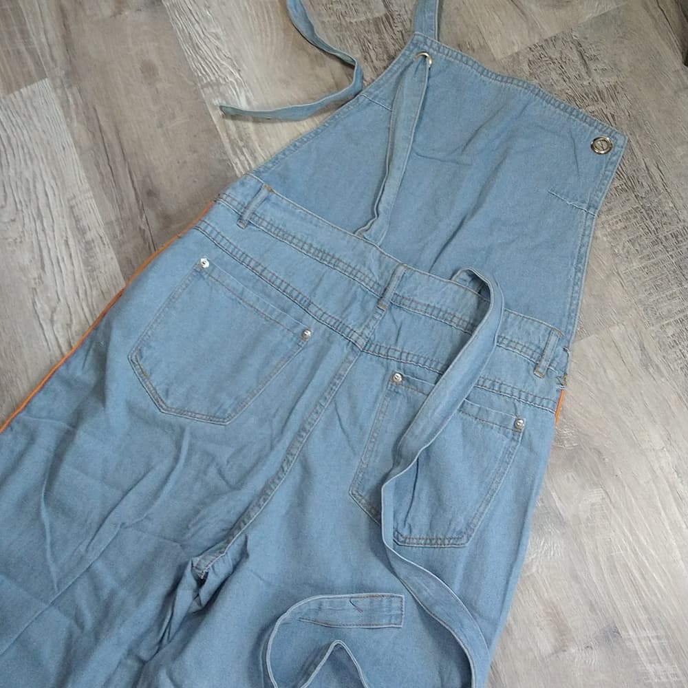 POL Light Denim Orange Trimmed Open Back Boyfriend Fit Overalls - Thumbnail 13