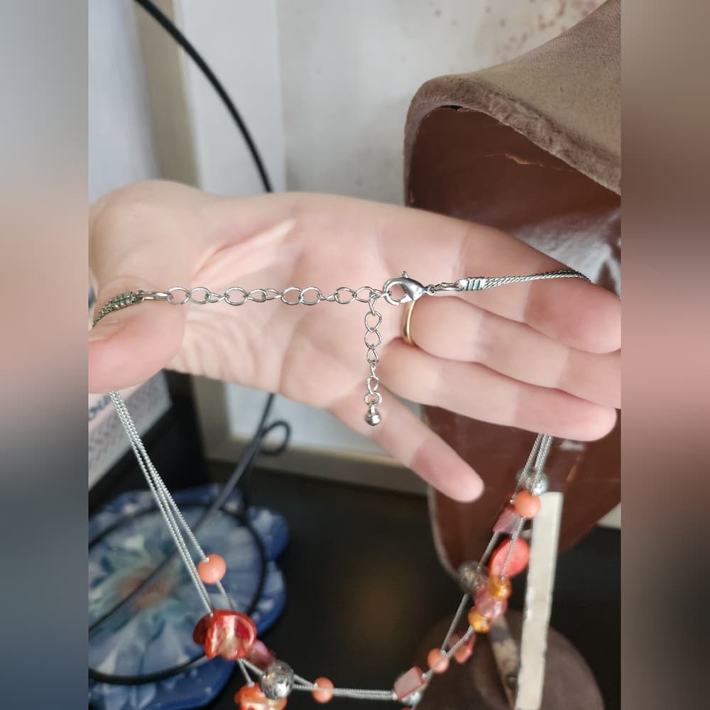 Multi-Strand Silver Necklace with Orange and Pink Accents - Thumbnail 5