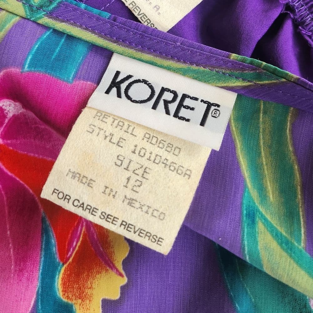 Vintage Koret Bright Purple Floral Blouse Cropped With Shoulder Pads Tie Back - Thumbnail 3