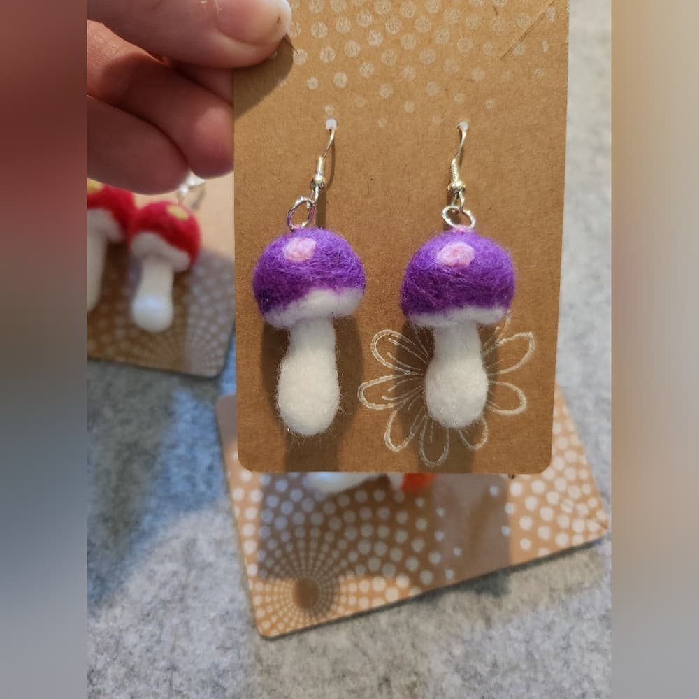 Colorful Purple Pink and White Polka Dot Needlefelted Handmade Mushroom Earrings - Thumbnail 5