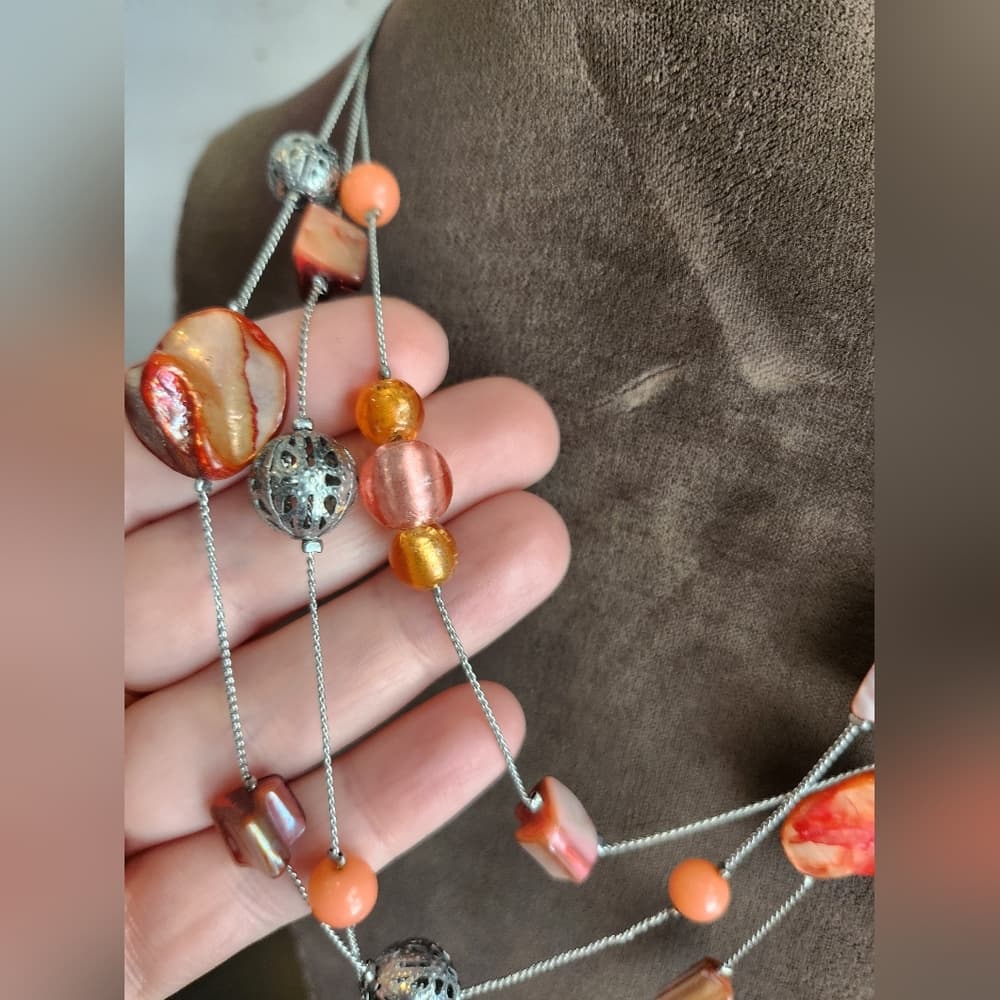 Multi-Strand Silver Necklace with Orange and Pink Accents - Thumbnail 2