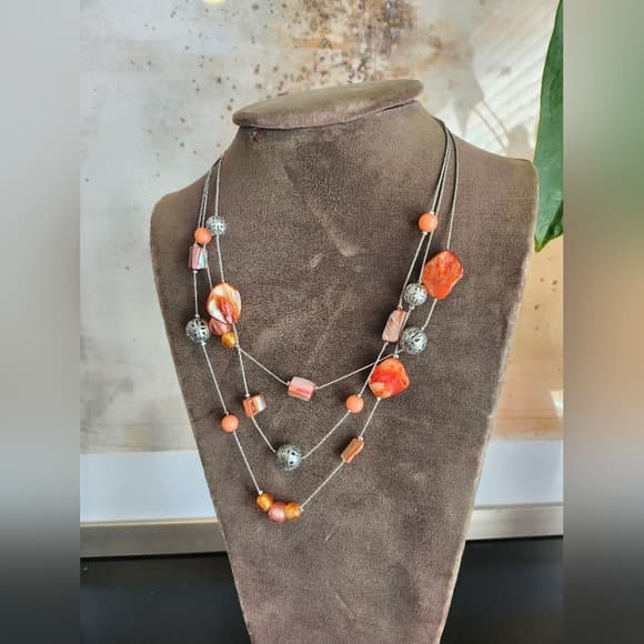 Multi-Strand Silver Necklace with Orange and Pink Accents - Thumbnail 7