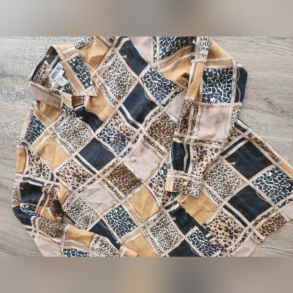 Robbie Bee Animal Print Button Down Silk Shirt