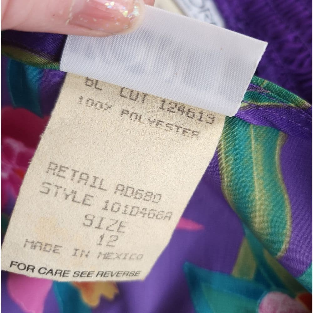 Vintage Koret Bright Purple Floral Blouse Cropped With Shoulder Pads Tie Back - Thumbnail 4