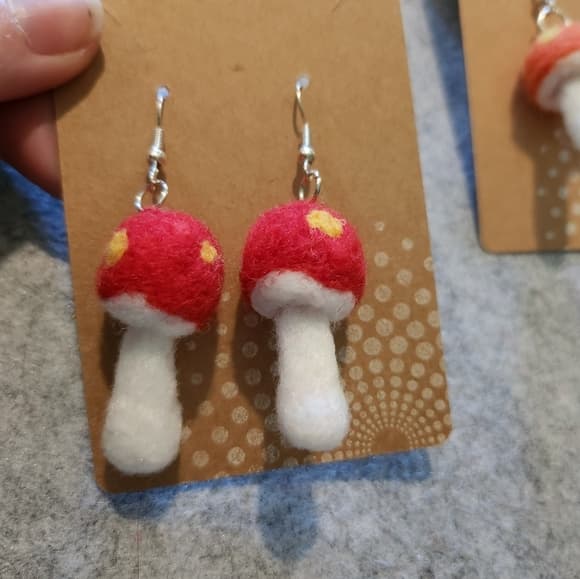 Retro Red Yellow And White Polka Dot Needlefelted Handmade Mushroom Earrings - Thumbnail 7