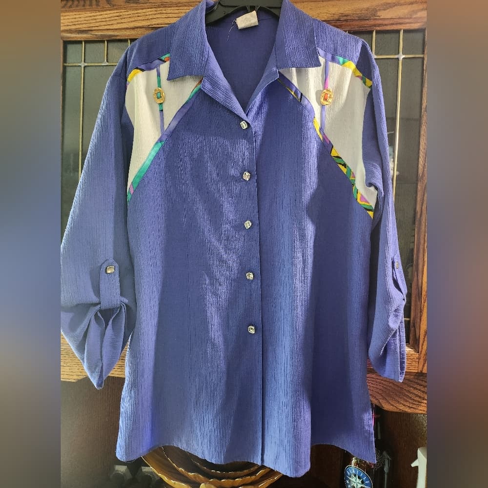 Vibrant Blue Vintage GW Button-Up Western Style Shirt with Metal Accents - Thumbnail 8