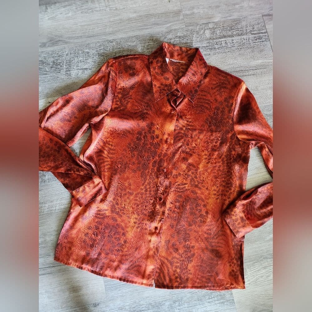 Vintage Burnt Orange Animal Print Polyester Long Sleeve Button Down Shirt - Thumbnail 10